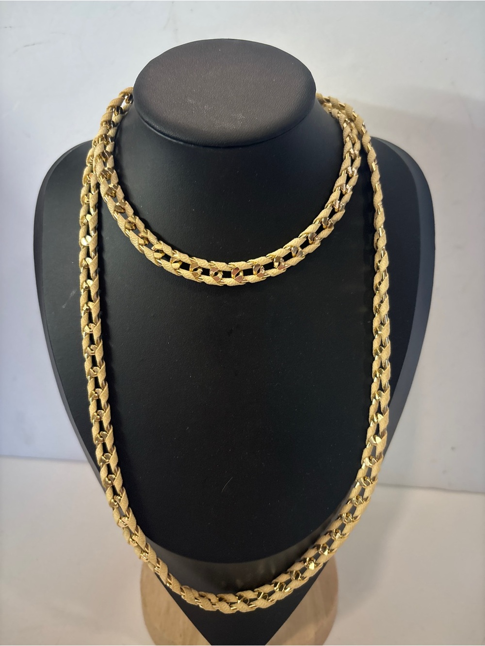 Boho Cream Ribbon & Gold Intertwined Link Necklace 39" Statement Mixed Media